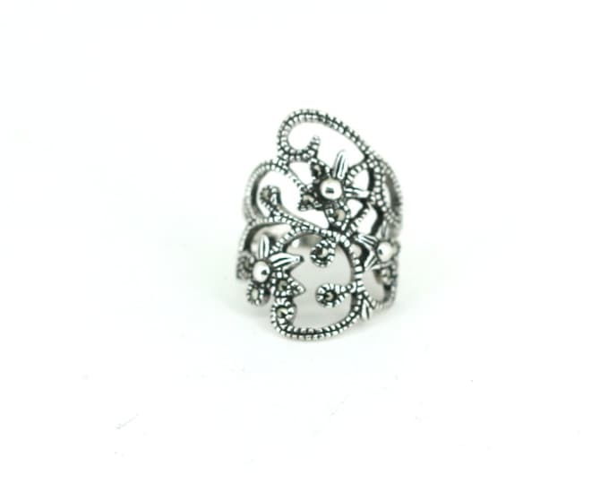 Vintage Size 5.25 Marcasite Inlay Floral Design Ring 925 Sterling Silver RG 4314