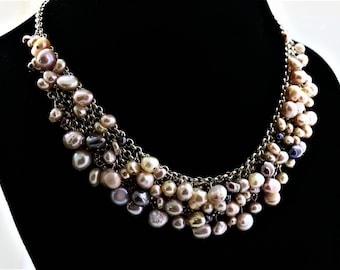 Vintage Beautiful Natural Pearl Cocktail Necklace 925 Sterling Silver NC 1677