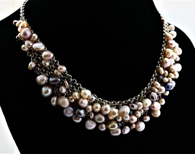 Vintage Beautiful Natural Pearl Cocktail Necklace 925 Sterling Silver NC 1677
