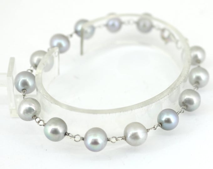 Vintage Light Blue Mother of Pearl Beaded Wire Wrapped Cuff Bracelet 925 Sterling Silver BR 3688