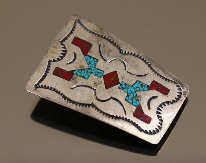 Vintage Atkinson Trading Co. Navajo Spider Web Turquoise Coral Design Bolo Tie Buckle 925 Sterling Silver OT 167