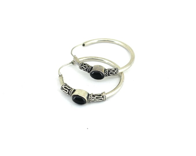 Vintage Weaved Wire Texture & Bead Black Onyx Stone Design Beautiful Hoop Earrings 925 Sterling Silver ER 1457