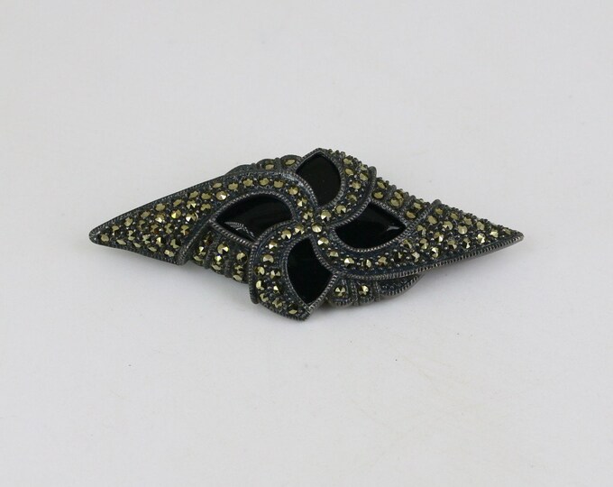 Vintage Judith Jack Shiny Scroll Black Onyx Marcasite Stones Design Brooch Sterling Silver 925 BB 2210A