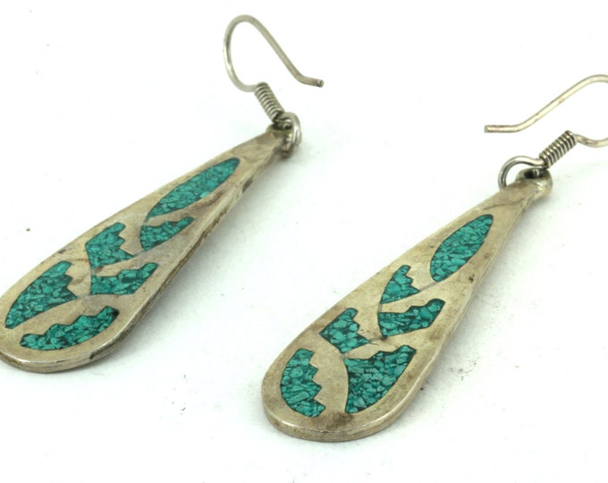 Vintage Turquoise Inlay Drop/dangle Earrings Sterling 925 Silver Er 1633