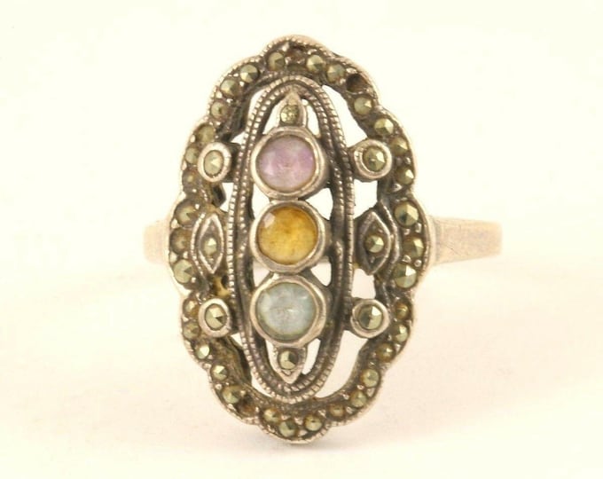 Vintage Three Colorful Crystals Flower Design Ring 925 Sterling Silver RG 3870