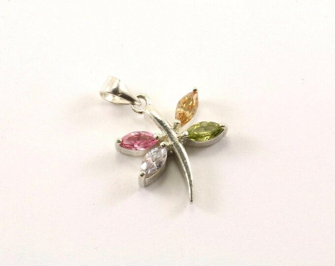 Vintage Small Dragonfly Multi Color Crystal Design Pendant 925 Sterling Pd 1674