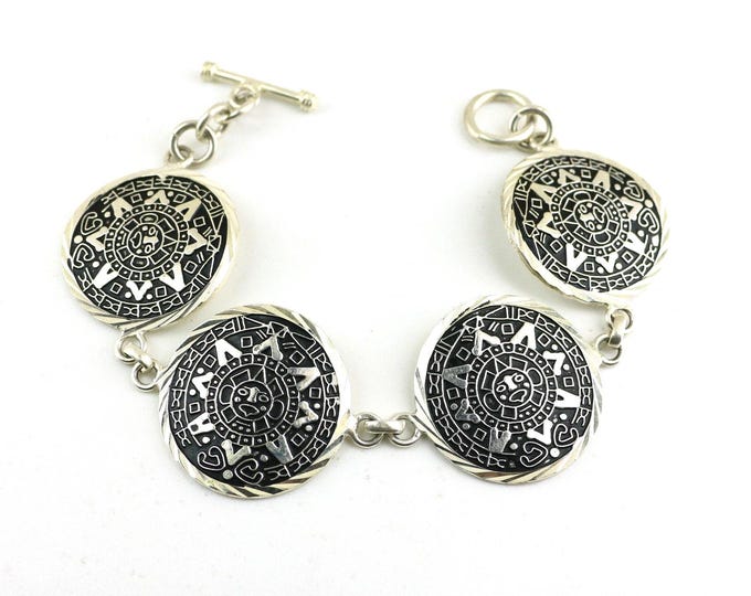 Vintage Maya Calendar Sun Tribal Design Men Large Disks Flat Round Shape Link Chain Bracelet 925 Sterling Silver BR 753