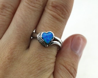Size 7.75 Blue Opal Heart Shape Ring 925 Sterling  RG 4346