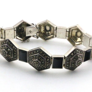 Vintage Onyx Marcasite Bracelet 925 Sterling Silver Bracelet | BR 2057