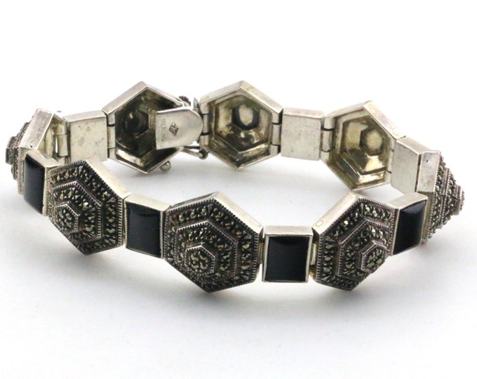 Vintage Onyx Marcasite Bracelet 925 Sterling Silver Bracelet | BR 2057