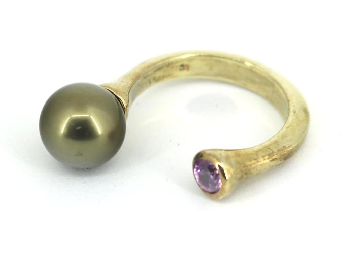 Vintage Size 6.5 Small Round Beads Beaded Balls And Pink CZ Circles Gold Plated Lamp Design Ring 925 Sterling RG 4661