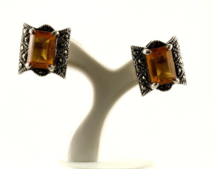 Vintage Rectangle Citrine Stone Marcasite Design Stud Earrings 925 Sterling ER 437