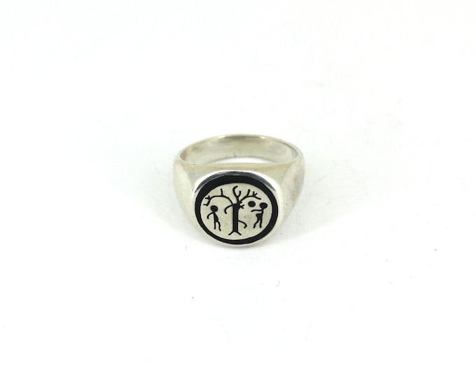 Vintage Mexican Adam & Eve Enamel Signet Ring 925 Sterling  RG 4758