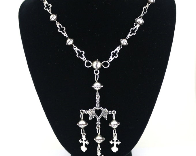 Vintage Mexico Milagros Winged Heart Cross Design Chain Necklace 925 Sterling NC 1819