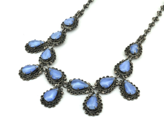 Vintage Blue Cat's Eye Chatoyant Necklace 925 Sterling Silver NC 502