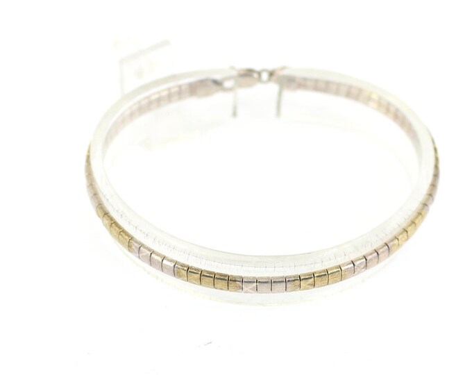 Vintage Italy Milor Finish Sparkling Three Tone Herringbone Gold Plated Tennis Link Design Bracelet 925 Sterling BR 3375