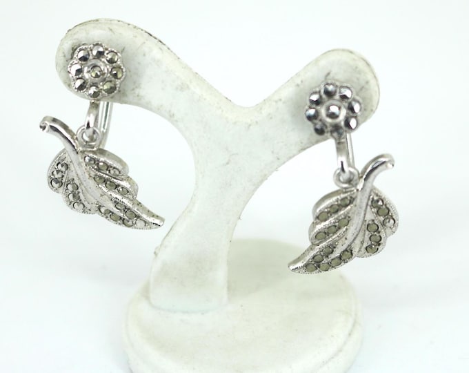 Vintage Shiny Leaves with Marcasite  Screw Back Earrings Sterling Silver ER 1435