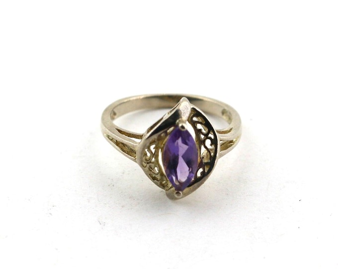 Vintage Size 8 Avon Marquise Cut Purple Amethyst Crystal Scroll Design Ring 925 Sterling Silver Rg 2247U