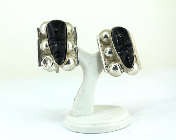 Vintage Mexican Black Onyx Stones Face Mask Screw Back Earrings Sterling Silver ER 805