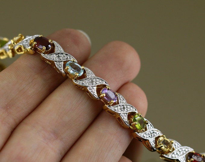 Vintage Thailand XO Real Diamonds Multi Color Crystals CZ Two Tone Gold Plated Design Tennis Chain Bracelet 925 Sterling Silver BR 3860