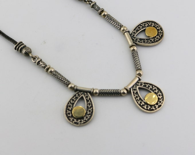 Vintage Three Shiny Flat Teardrops With 14K Yellow Gold Beads Beaded Mexico CII Design Necklace 925 Sterling Silver NC 1148R