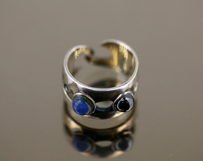 Vintage Size 6.5 Scroll Open Cut Sodalite Hematite Beads Design Band Ring 925 Sterling Silver Rg 1509