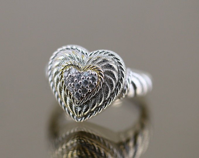 Size 9 Judith Ripka Designer Twisted Rope 3D Heart Crystals Design Statement Ring 925 Sterling Silver  RG 696 E