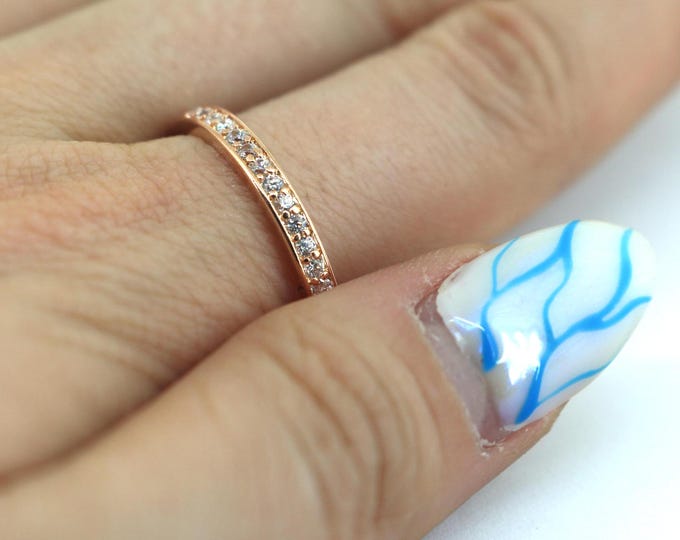 Beautiful Shiny Dainty White Crystals CZ Red Gold Plated Simple Classy Wedding Design Ring 925 Sterling Silver Size 8 RG 4695