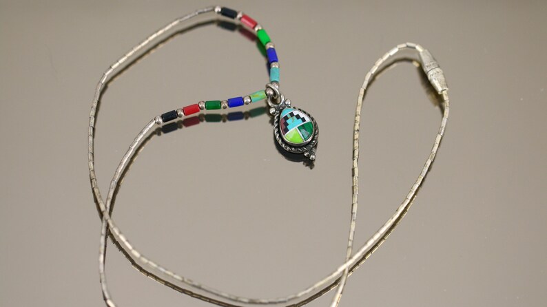 Vintage 16 Inch Navajo Multi Color Multi Stone Beaded Design Chain Necklace 925 Sterling NC 828 image 3