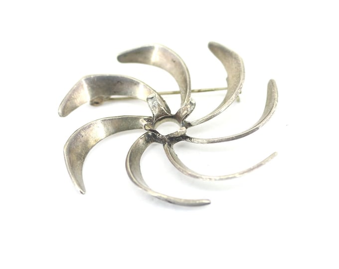 Vintage Mexico Artisan Modernist Flower Scroll Design Pin/Brooch 925 Sterling Silver BB 867