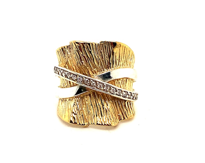 Vintage Size 6.75  18K Gold Plated Design Ring |Two tone Design Ring | Whyte Chrystal's Design Ring | Sterling 925 Silver | RG 1382N