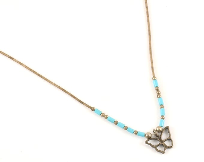 Vintage 16 Inch Navajo Butterfly Cylinder Beads Turquoise Chain Necklace 925 Sterling Silver NC 1711