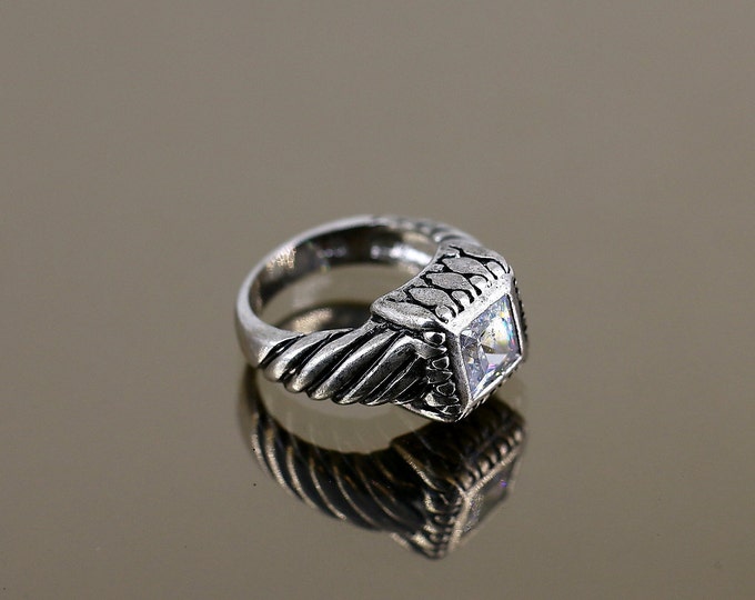 Vintage Size 6 Square Shape White Shiny Crystal CZ Braided Design Ring 925 Sterling Silver Rg 1031
