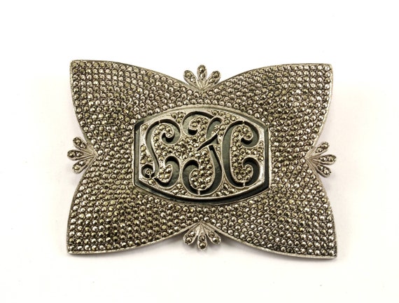 最終決算 Marcasite Onyx LJC Initial Vintage Inlay 925 Pin/brooch アウトドア寝具