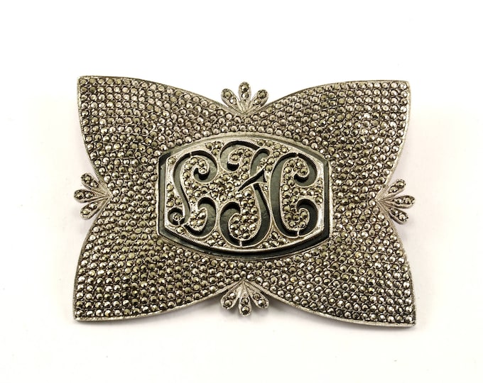 Vintage Initial LJC Onyx Marcasite Inlay Pin/Brooch 925 Sterling BB 935