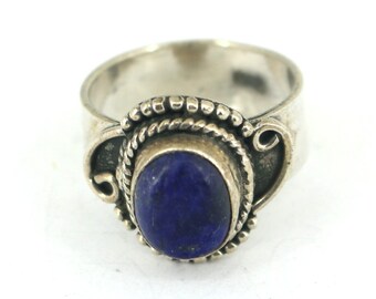 Vintage Mexico Blue Lapis Lazuli Oval Stone Band Ring 925 Sterling Silver  RG 4502