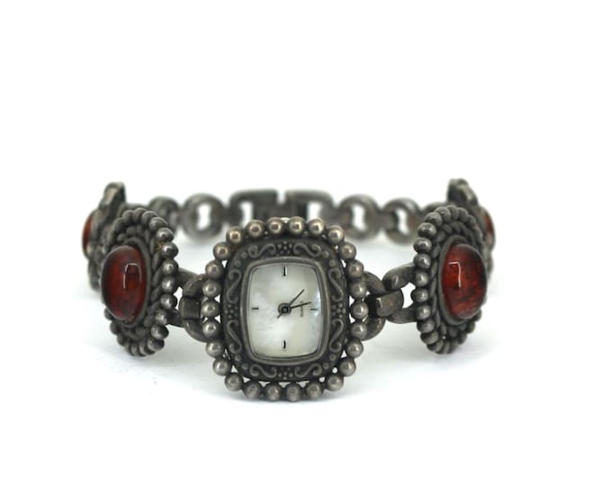Vintage Orange Amber Stones Japan Quartz Watch Sterling OT 024