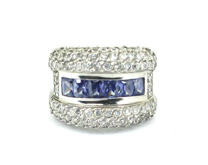 Vintage Beautiful Shiny Purple Inlaid Crystals CZ Design Ring 925 Sterling Silver RG 4695