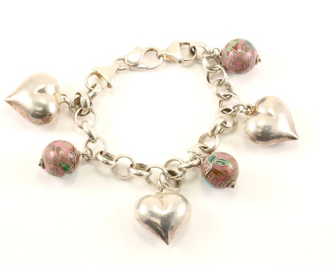 Vintage Heart Design Enamel Charm Chain Bracelet 925 Sterling BR 2664
