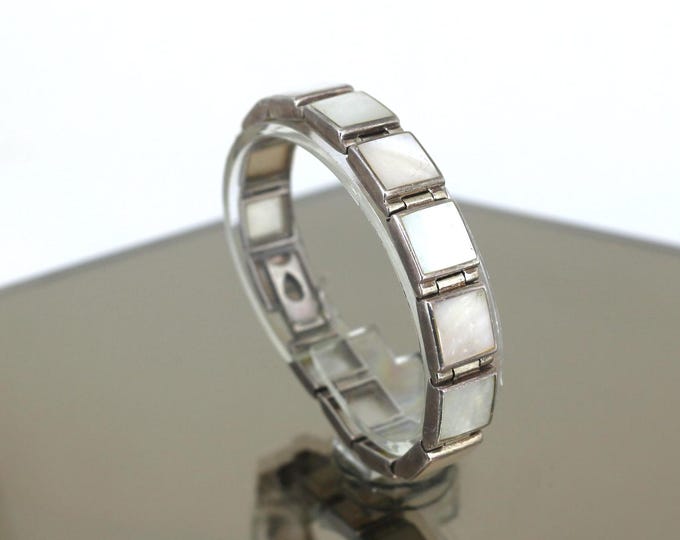 Vintage Thailand Shiny  Mother Of Pearl Rectangle Bar Shape Chain Bracelet 925 Sterling Silver BR 1851