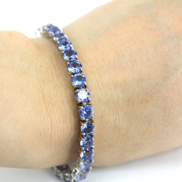 Vintage Round Blue and White Crystals CZ Design Tennis Chain Bracelet 925 Sterling Silver BR 808