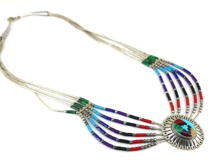 Vintage Navajo Native American Multi-color Dangle Necklace Liquid Silver 925 Sterling NC 114
