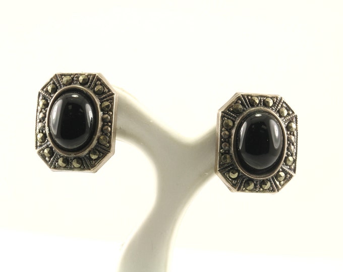 Vintage Rectangular Onyx Marcasite Stud Earrings 925 Sterling ER 744