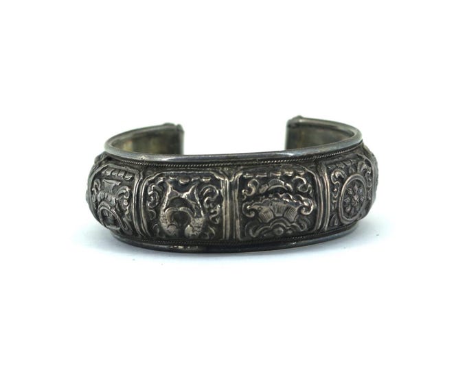 Vintage Engraved Auspicious Eight Treasures Luck Cuff Bracelet 925 Sterling Silver BR 221