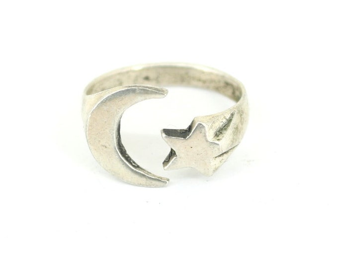 Vintage Half Moon & Star Ring 925 Sterling Silver RG 503B