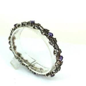 Vintage Faceted Round Amethyst Purple CZ  Link Bracelet Sterling Silver BR 2829