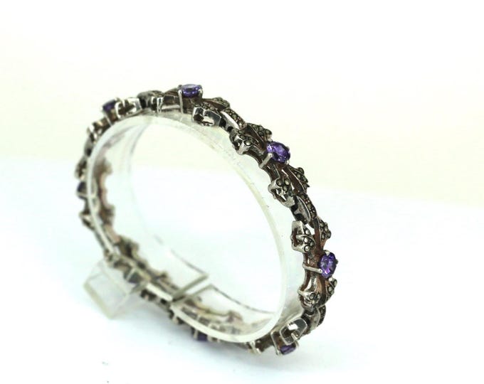 Vintage Faceted Round Amethyst Purple CZ  Link Bracelet Sterling Silver BR 2829