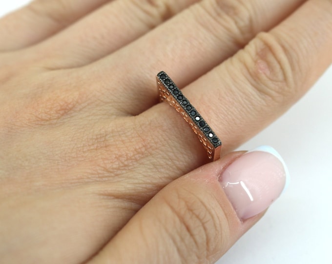 Vintage Size 6 Rose Gold Plated Black CZ Crystals Thin Ring 925 Sterling Silver RG 4503