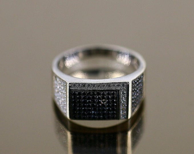 Vintage Unisex Square Black White Crystals CZ Design Ring 925 Sterling Silver Size 9.75 RG 3915