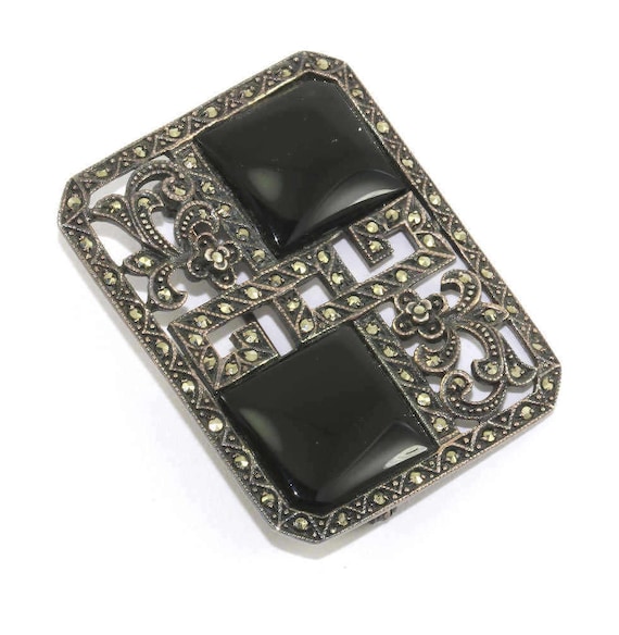 Vintage Rectangle Onyx Scroll Design Marcasite In… - image 1
